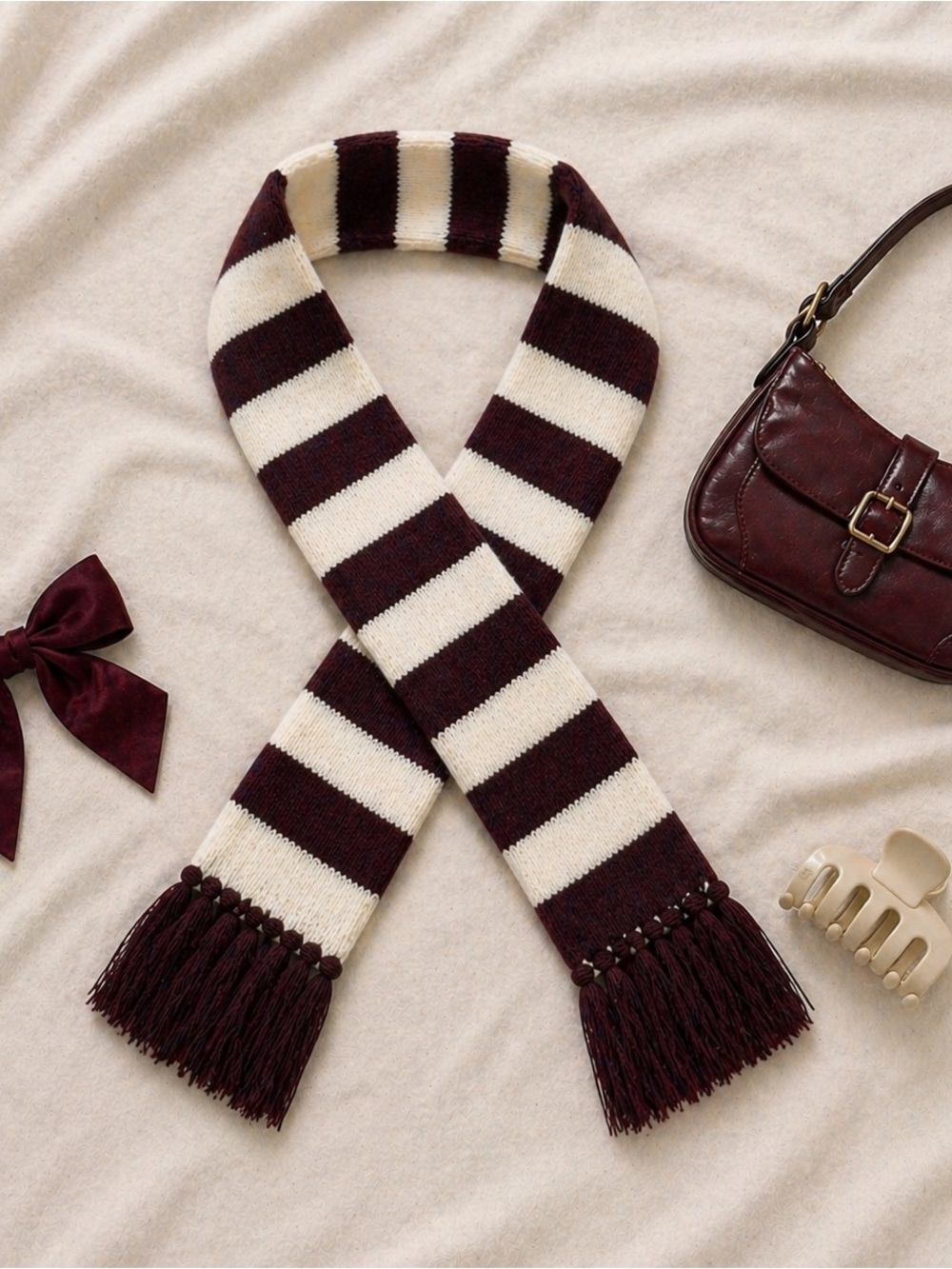 Burgundy & Cream Striped Knit Scarf – Cozy Fall/Winter
